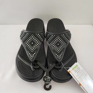 Crocs Monterey Black Shimmer Glitter Wedge Sandal Flip Flop Women's Size 9 NWT